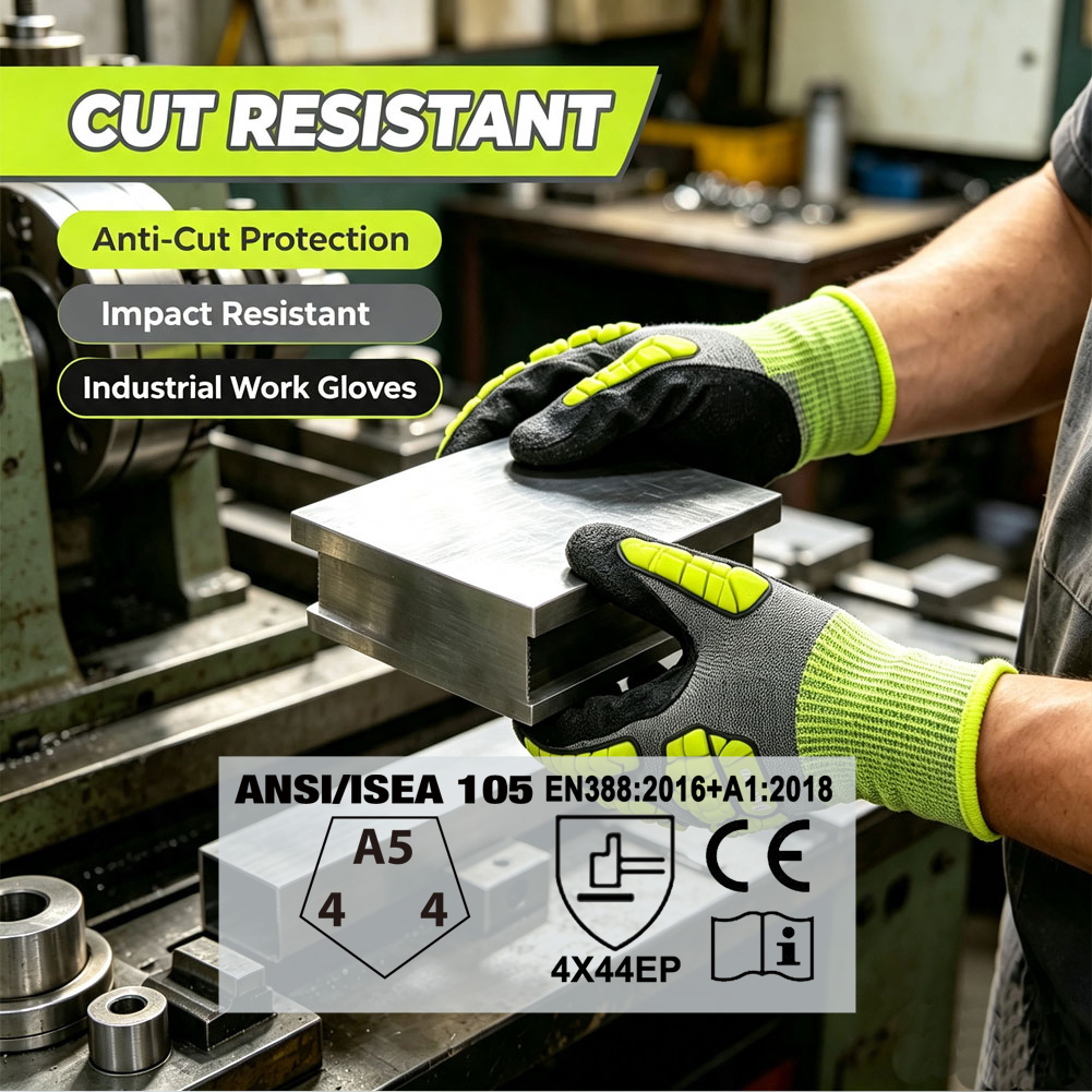 Work Glove Impact - レベル5の耐切創性を備えたタッチスクリーン対応安全作業用手袋。優れたグリップ力と耐衝撃性を備え、重作業や機械作業に最適。